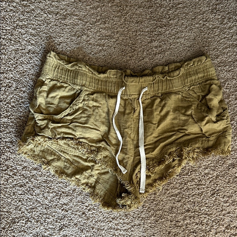 BDG Olive Green Frayed-Hem Drawstring Athletic Shorts